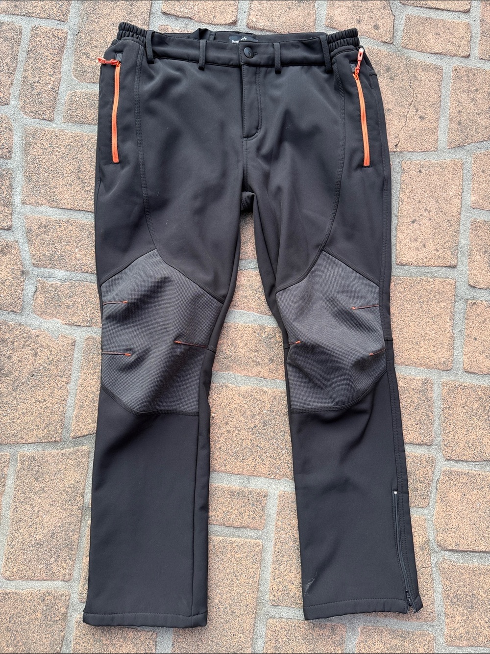 Men's Black Softshell Outdoor Pants with Orange Zip Details 36x30